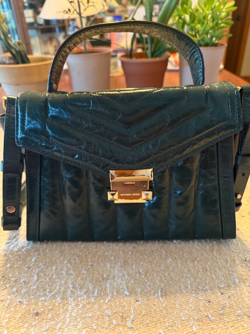 Michael Kors Deep Green Quilted Leather Satchel with Gold Hardware